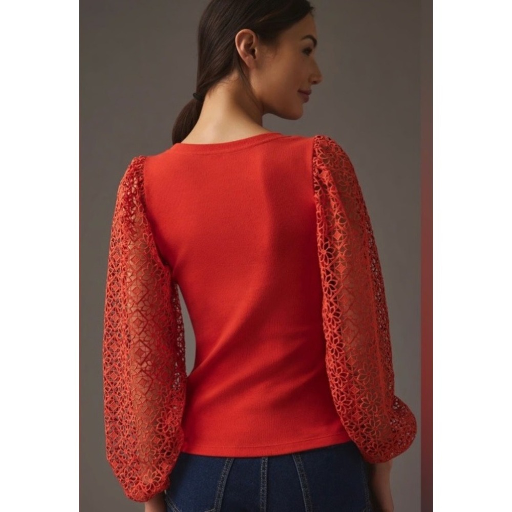 Maeve Anthropologie Red Ribbed Knit Top Floral Guipure Lace Balloon Sleeve Sz XS - Picture 3 of 12